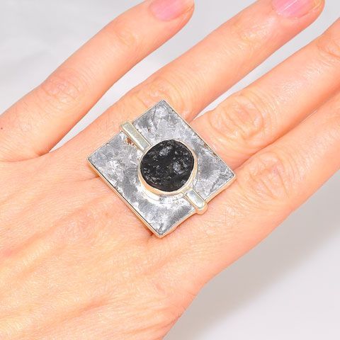 BOLD! Sterling Silver Meteorite and Moldavite Statement Ring (Size 8.5)