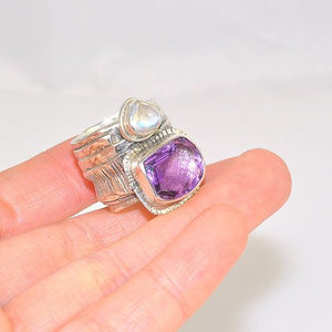 Sterling Silver Amethyst and Moonstone Wide Banded Ring