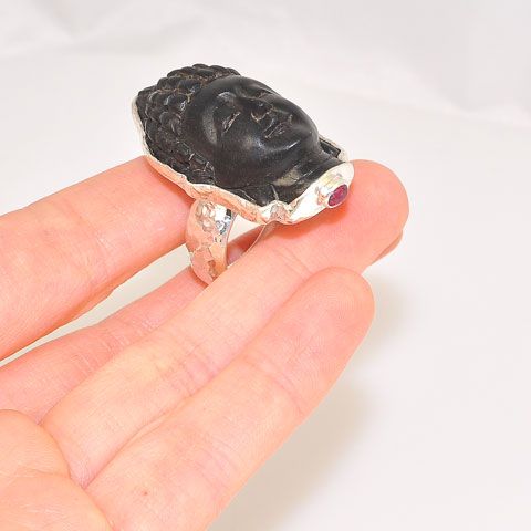 Sterling Silver Carved Wood Buddha Head and Ruby Bead Ring