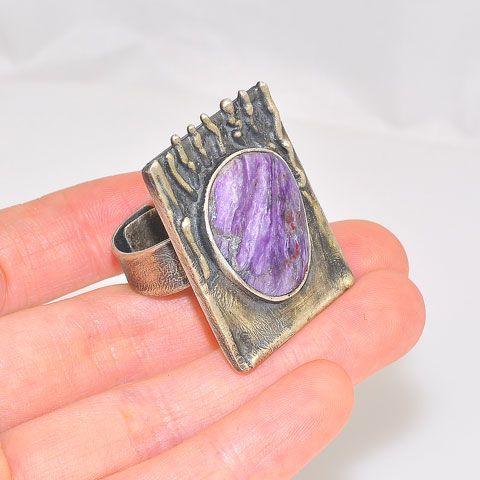 Oxidized Sterling Silver Russian Charoite Native Rectangle Ring