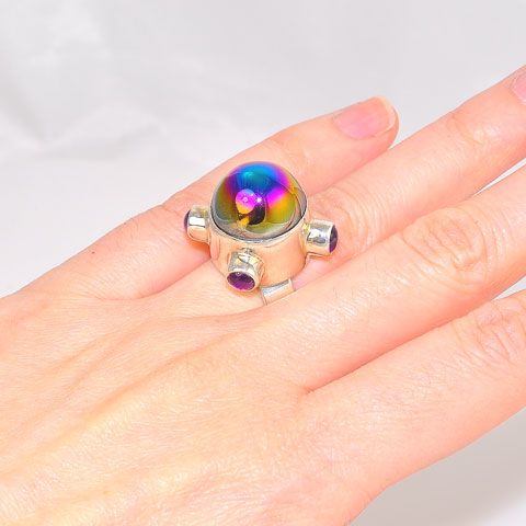 Sterling Silver Rainbow Obsidian and Amethyst Ring