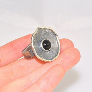 Oxidized Sterling Silver Onyx Flower Ring