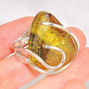 Sterling Silver Baltic Green Amber Wire Wrap Ring