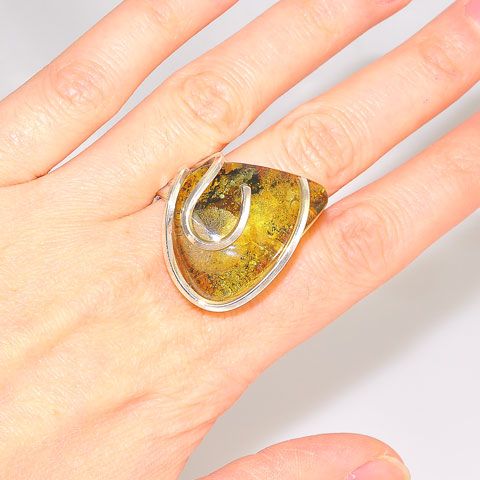 Sterling Silver Baltic Green Amber Wire Wrap Ring