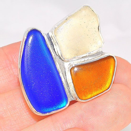 Charles Albert Sterling Silver Blue, Orange and Clear Beach Glass Ring