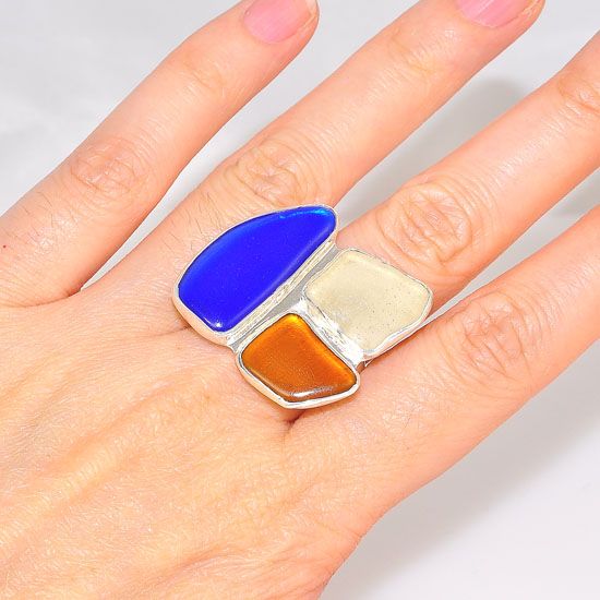 Charles Albert Sterling Silver Blue, Orange and Clear Beach Glass Ring