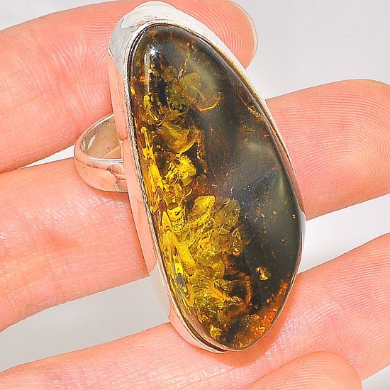 Bold Sterling Silver Baltic Green Amber Ring (Size 8.5)