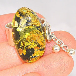 Sterling Silver Baltic Green Amber With Dangle Chain Ring
