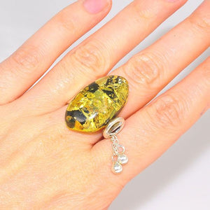Sterling Silver Baltic Green Amber With Dangle Chain Ring