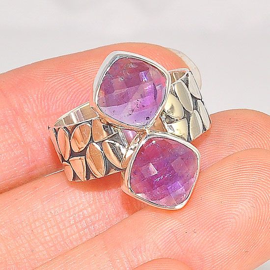 Sterling Silver Cobblestone Band and Duet Amethyst Ring