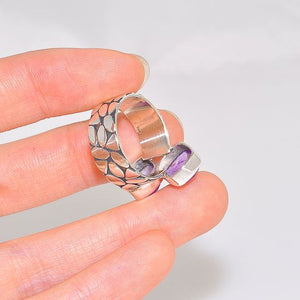 Sterling Silver Cobblestone Band and Duet Amethyst Ring