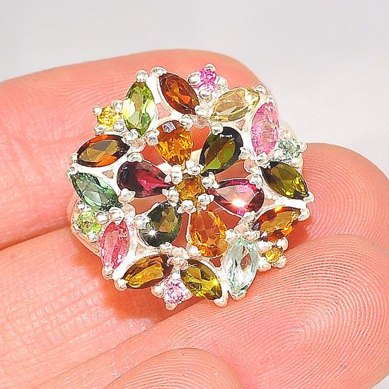 Sterling Silver India Multicolored Tourmaline Large Starburst Flower Ring