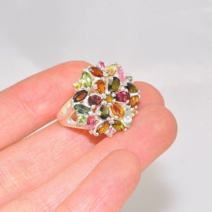 Sterling Silver India Multicolored Tourmaline Large Starburst Flower Ring