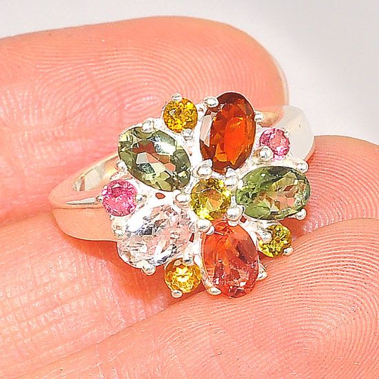 Sterling Silver India Multicolored Tourmaline Small Flower Ring