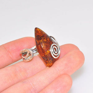 Sterling Silver Baltic Honey Amber Scroll Wire Ring
