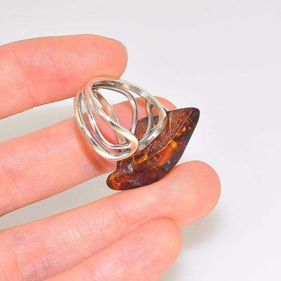 Sterling Silver Baltic Honey Amber Scroll Wire Ring
