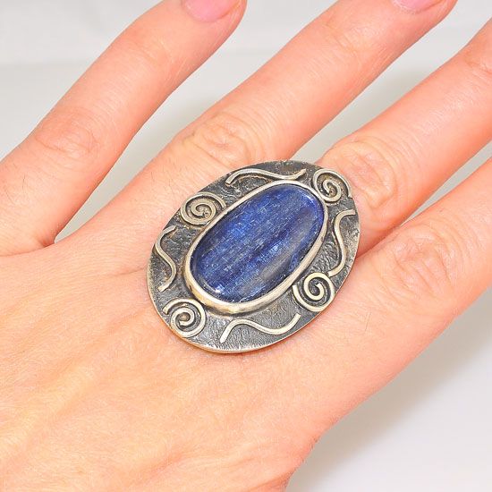 Oxidized Sterling Silver Kyanite Oval Scroll Edge Ring