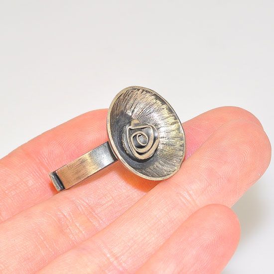 Oxidized Sterling Silver Blooming Rose Centered Bowl Medallion Ring