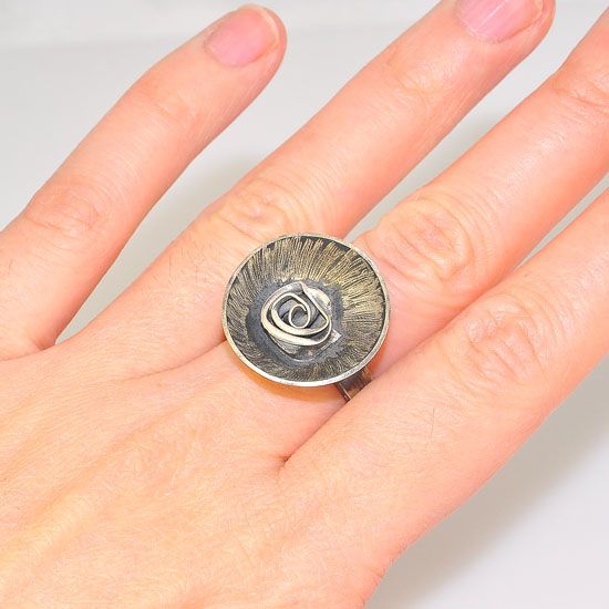 Oxidized Sterling Silver Blooming Rose Centered Bowl Medallion Ring