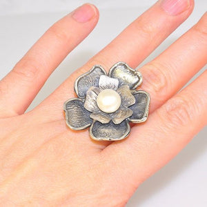 Oxidized Sterling Silver Pearl Centered Bloomed Flower Ring