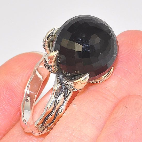 Sterling Silver Faceted Onyx Sphere Claw Prong Textured Band Ring