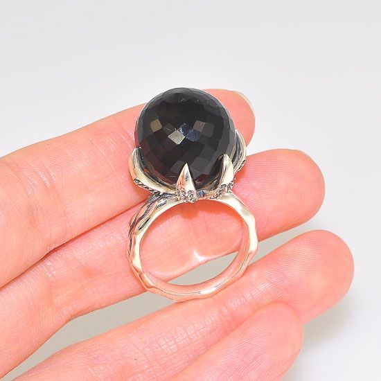 Sterling Silver Faceted Onyx Sphere Claw Prong Textured Band Ring