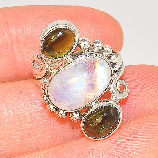 Sterling Silver Moonstone and Tourmaline Trio Design Ring