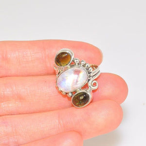 Sterling Silver Moonstone and Tourmaline Trio Design Ring