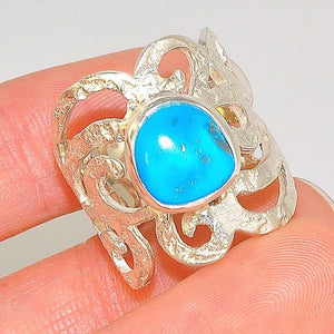 Sterling Silver Romantic Vintage Scroll Band Sleeping Beauty Turquoise Ring