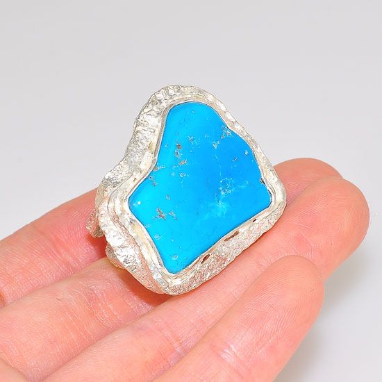 Sterling Silver Unique Hammered and Texture Framed Sleeping Beauty Turquoise Ring