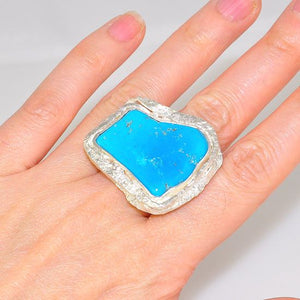 Sterling Silver Unique Hammered and Texture Framed Sleeping Beauty Turquoise Ring