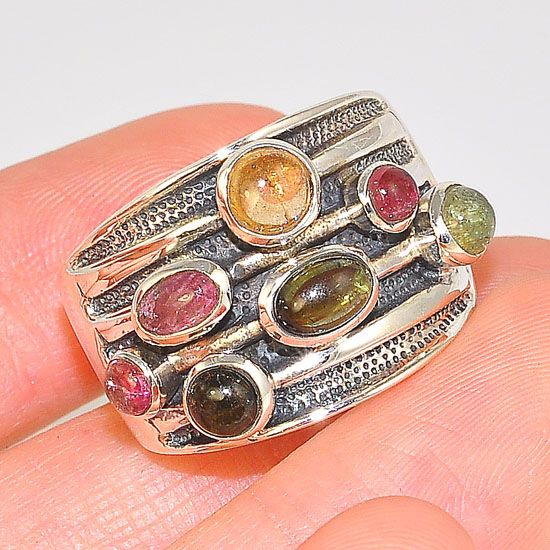 Sterling Silver Multicolored Tourmaline Industrial Style Front Grill Chunky Ring 