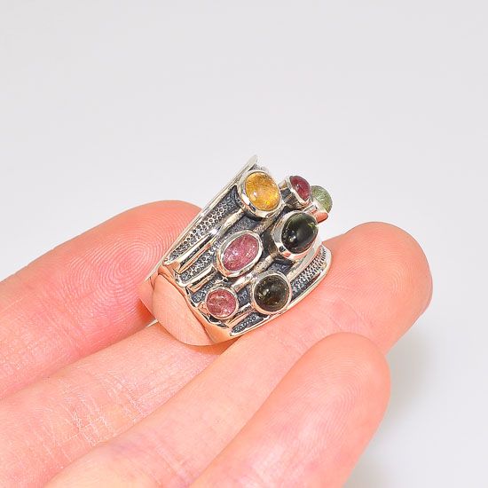 Sterling Silver Multicolored Tourmaline Industrial Style Front Grill Chunky Ring 