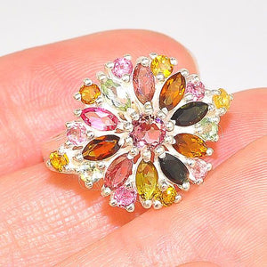 Sterling Silver India Multicolored Tourmaline Flower Design Ring