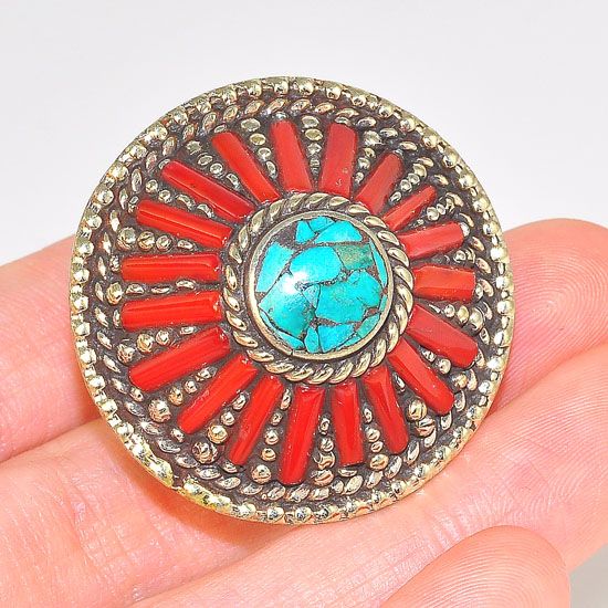 Silver Plated Tibetan Turquoise and Coral Bar Medallion Cone Ring (Size 8.5)