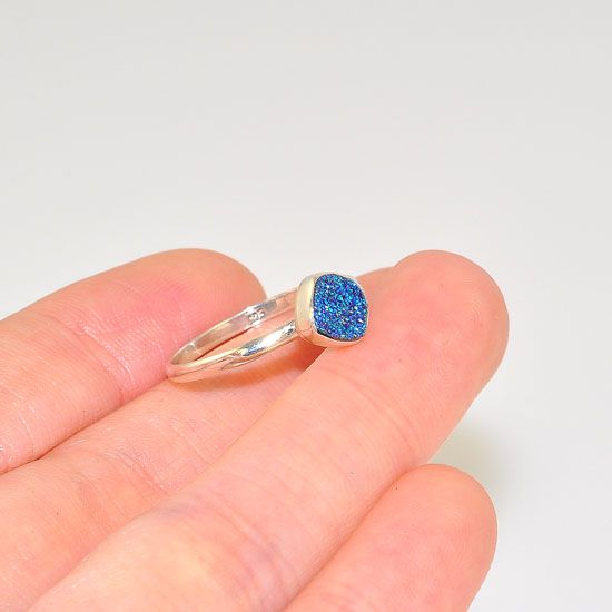 Sterling Silver Delicate and Petite Brilliantly Blue Druzy Ring
