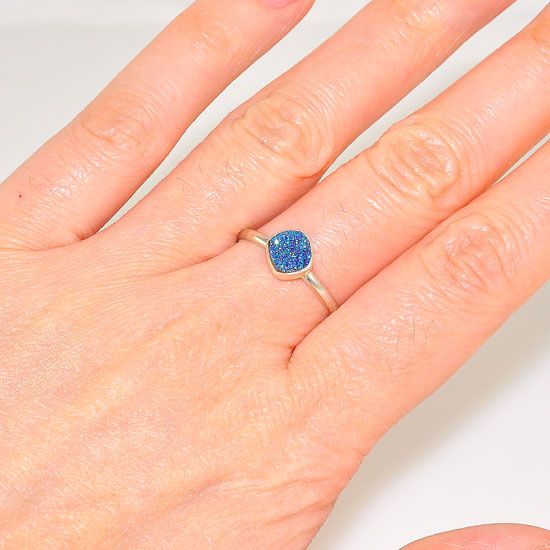 Sterling Silver Delicate and Petite Brilliantly Blue Druzy Ring