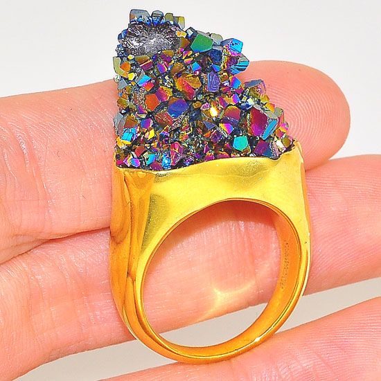 18K Gold Plated Over Brass Titanium Druzy Crystal Ring