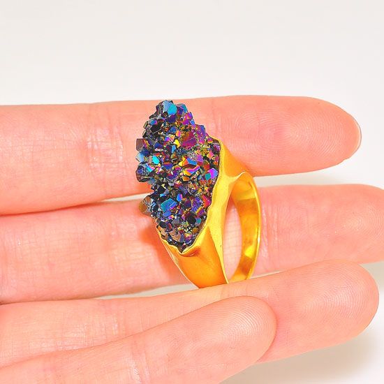 18K Gold Plated Over Brass Titanium Druzy Crystal Ring