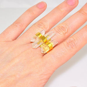 18K Gold Plated Over Brass Hammered Band Clear Quartz Crystal Trio Ring