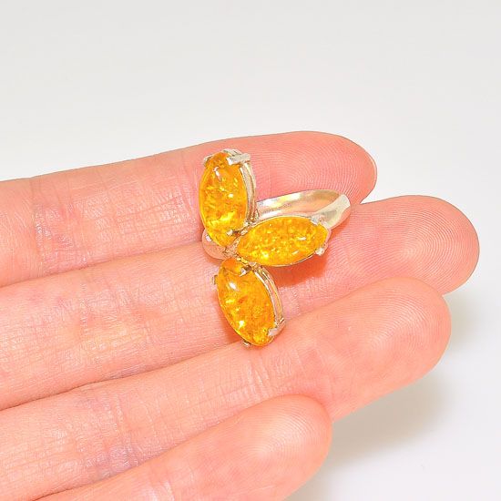 Sterling Silver Baltic Honey Amber Eccentric Marquise Cluster Ring