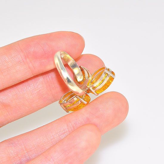 Sterling Silver Baltic Honey Amber Eccentric Marquise Cluster Ring