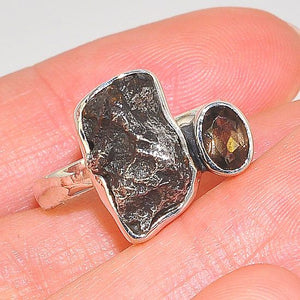 Sterling Silver Meteorite Nugget and Smokey Quartz Duet Ring