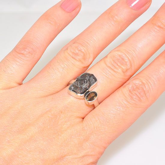 Sterling Silver Meteorite Nugget and Smokey Quartz Duet Ring