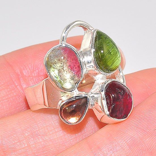 Sterling Silver Green, Pink and Watermelon Tourmaline Quad Ring