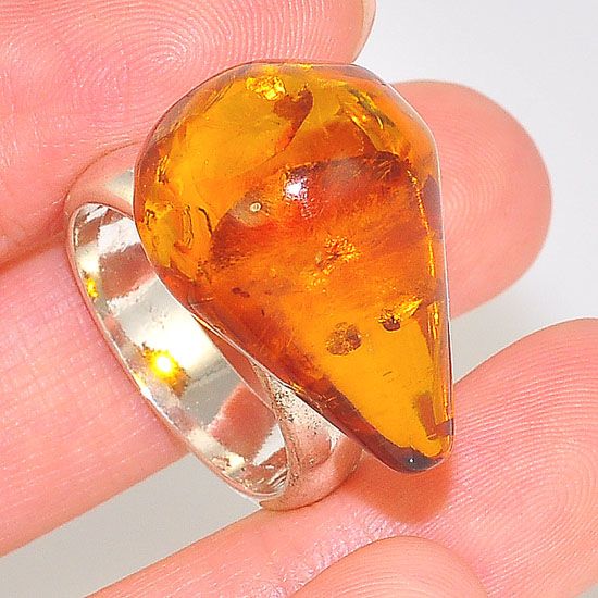 Sterling Silver & Baltic Honey Amber Ring - Handcrafted Droplet Design, Genuine Amber Stone, Size 925 Silver