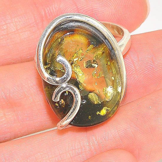 Sterling Silver Baltic Green Amber Swirl Design Ring