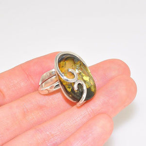 Sterling Silver Baltic Green Amber Swirl Design Ring