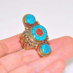 Brass Tibetan Turquoise and Coral Trio Design Ring (Size 10)