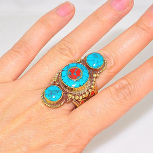 Brass Tibetan Turquoise and Coral Trio Design Ring (Size 10)